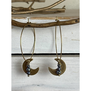 Brass Moon Crescent Pearl Dangle Hoop‎ Earrings